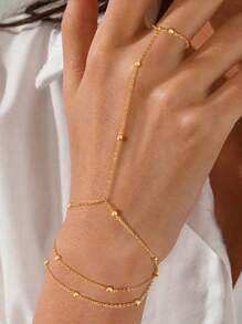 1pc 18k Stainless Steel Gold Ball Chain Layered Cross Ring Chain Bracelet, Non-Fading, Fashion Versatile Personalized Bracelet, Suitable For Daily Wear