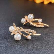 Cross Line Faux Pearl Earrings For Girls Fresh Gold Color Ear Piercing Women Accessories Daily Wear Delicate Jewelry Korean Fashion Faux Pearl Stud Earrings For Women Modern Design Gold Color Ear Earrings With Shiny Girls Jewelry