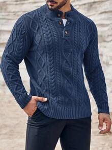 Runcati Men's Mock Neck Pullover Sweater Slim Fit Cable Knit With Half-Button Front Lightweight Thermal Knitwear For Winter Casual Style - Màu xanh hải quân - Xem 1