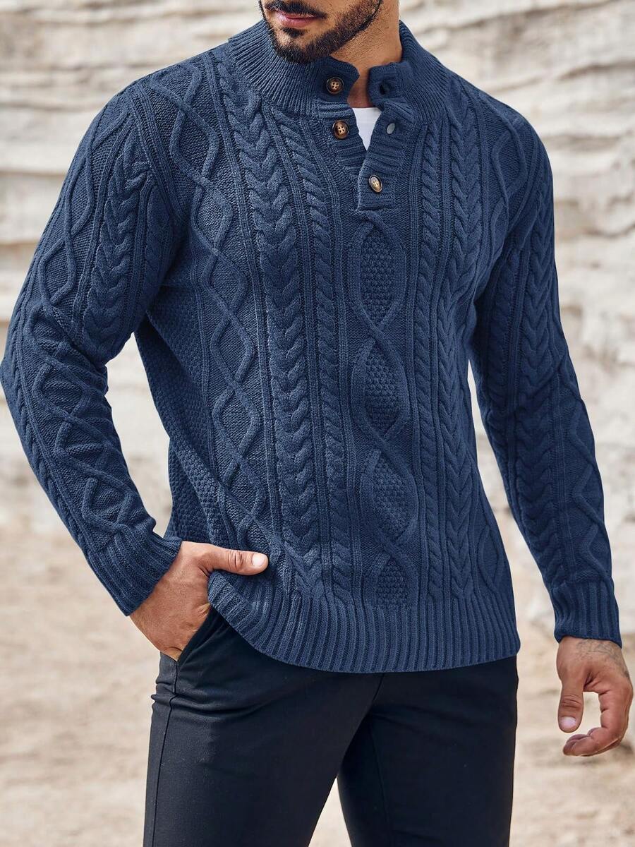 Runcati Men's Mock Neck Pullover Sweater Slim Fit Cable Knit With Half-Button Front Lightweight Thermal Knitwear For Winter Casual Style - Màu xanh hải quân - Xem 1