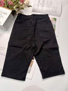 女式水洗紧身弹力牛仔骑行裤，带口袋 - 黑色 - 查看 5