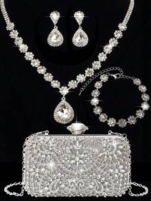 女士水钻晚装手拿包 水钻耳夹 新娘婚礼颈链 手链 吊饰 闪亮钱包 女士晚装包 婚礼手提包 水钻手拿包 - 金色 - 查看 13