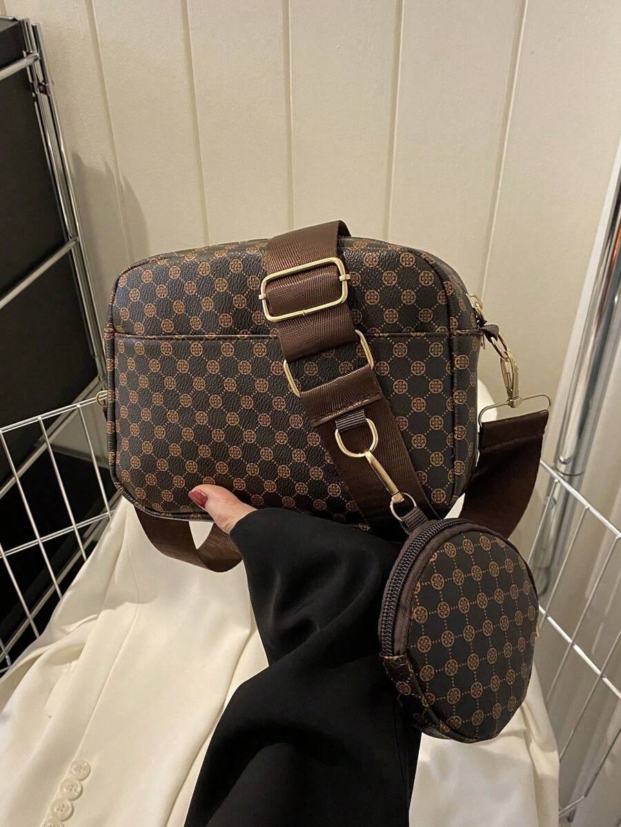 Bolso cuadrado con patrón retro de todo el diseño, bolso de hombro clásico de mujer con monedero colgante