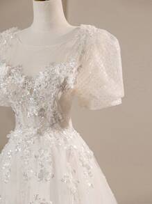 Elegant Puff Sleeve Floral Lace Princess Ball Gown Wedding Dress