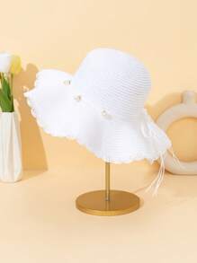 1pc Women's Khaki Wave Beach Sun Hat With Faux Pearl & Bowknot Detail, Elegant Beach Travel Vacation Sun Hat
