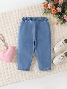 1件可愛女嬰精緻刺繡愛心舒適百搭牛仔長褲 春夏季 - 淺色水洗藍 - 查看 2