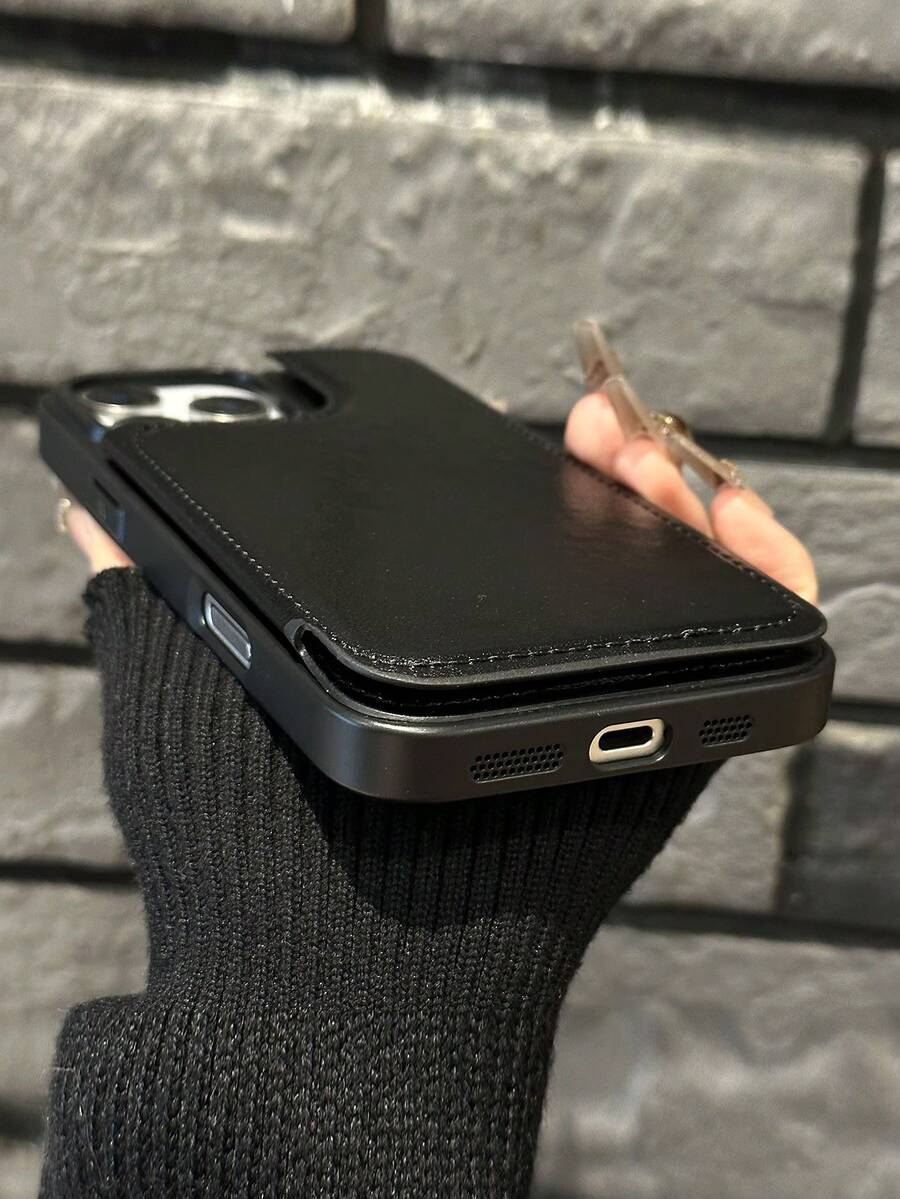 The Latest Designer Imitation Leather Wallet Case, Shockproof Frame, Three Card Slots, Cash Slot, Drop-Proof Certification, High-End Business Simple Black, Fashionable And Practical, Shockproof And Scratch-Resistant, Compatible With IPhone 16/16Plus/16Pro/16ProMax/15, 14, 13, 12, 11 Series, Etc. - 黑色 - 查看 1