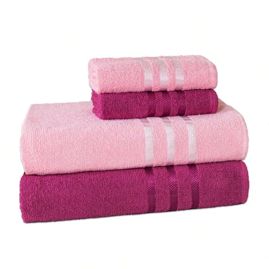 Europa Enxuta 4-Piece Towel Set 100% Cotton - Large Thick - 葡萄酒和嬰兒玫瑰 - 查看 1