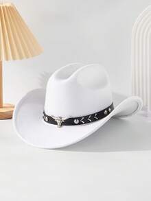 1pc Women's Leather Decorated Knitted Hat, Retro Wide Brim Western Cowboy Hat, Jazz Cap, Fashionable All-Match, Suitable For Spring, Summer, Autumn And Winter - Top Hat - View 17