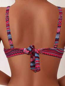 Women'S Two Pieces Swimsuit Set, Print, High Stretch Knit Fabric, Polyester 82% & Elastane 18%, Geometric Pattern, Drawstring Design, 195gsm Top, 130gsm Lining, Summer Beachwear Vacation - Red - View 5