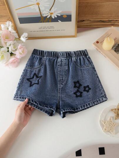1pc Girls Cute Embroidered Star Casual Outdoor Denim Shorts, Summer