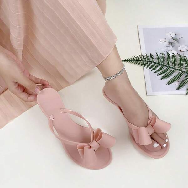 Damen Jelly Sandalen Sommer Flache Schuhe mit Schleife Deko Strandrutschen Atmungsaktive PVC Pantoffeln Modische Lässig Schuhe Heiß auf