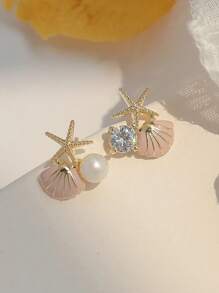 1 Pair Left & Right Starfish And Shell Decor Stud Earrings For Beach Party, Crystal And Pearl Multielement Beach Theme Earrings, Elegant And Cute, Women's Jewelry Gift, Suitable For Women's Summer Beach Date
