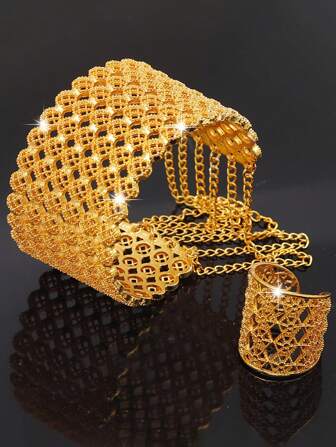 2pcs 18K Gold Plated Bracelet And Ring Set, Fashion Jewelry Set For Women, Suitable For Wedding, Party, Events