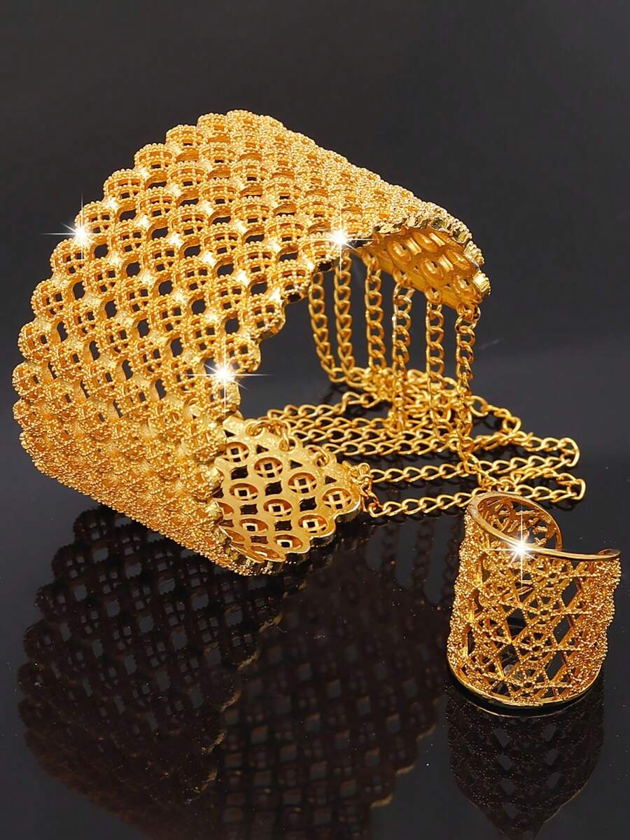 Bộ 2 chiếc vòng tay và nhẫn mạ vàng 18K, Bộ trang sức thời trang dành cho phụ nữ, Thích hợp cho đám cưới, tiệc tùng, sự kiện