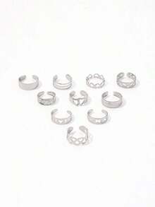 10pcs/Set Star & Moon Open Toe Rings, Geometric Hollow 8 Shape Adjustable Beach Foot Jewelry Set - Silver - View 2