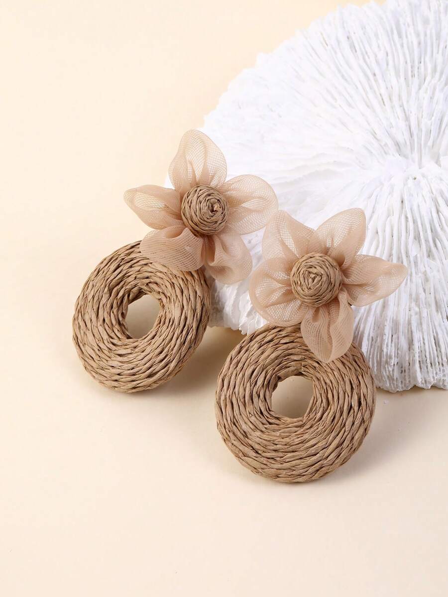 1 Cặp Hoa tai mặt tròn lớn rỗng trang trí hoa 5 cánh thủ công, thời trang & đa năng, thích hợp cho du lịch, tụ họp, quà tặng