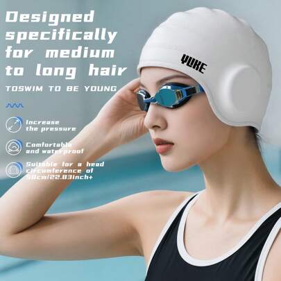 新款护耳泳帽，采用高弹性硅胶材质制成，包裹耳朵，减少进水，有多种颜色可选，男女皆宜，配有耳塞和鼻夹