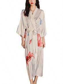 Daiwor Kout - de seda larga de satén japonesa para mujer, de baño suave y sedosa, ligera, de baño de verano - Blanco (blanco floral) - Ver 2