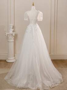 Elegant Puff Sleeve Floral Lace Princess Ball Gown Wedding Dress