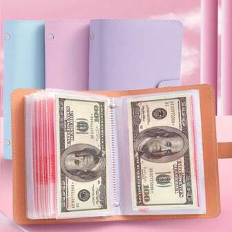 1 Bankbiljetten-opslagboek. Gemaakt van PU-materiaal, geschikt voor 100 bankbiljetten, met bankbiljetfoto's, postzegels en een bankpas-opslagboek. 1A6 notitieboek met supergrote capaciteit voor het bewaren van contant geld. Wordt geleverd met 50 stuks.