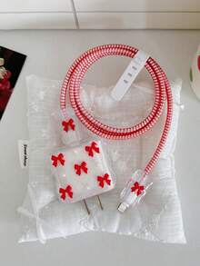 5pcs Small Red Bow And White Pearls Design Mobile Phone Charger Set 20W/18W, Charging Cable Protection Rope, Charging Head Protection Case, Compatible With IPhone Charger Cable Protector, Charger Accessories, Phone Accessories - Red - View 6