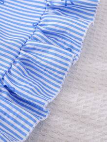 2 件套幼儿女童无袖圆领条纹上衣和条纹蝴蝶结短裤套装，休闲时尚，适合夏季户外 - 彩色 - 查看 9