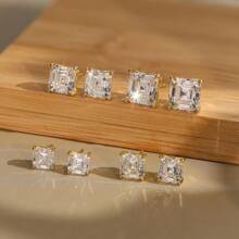 1pair Graceful 925 Sterling Silver Stud Earrings With Dazzling Square-Cut Zirconia, Accessory For Ear Elegant And Refined Jewelry For Every Fashion-Forward Woman, The Perfect Gift For Birthdays Or Anniversaries