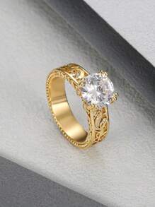 1 Stück glamouröser Cut Out goldener Ring mit kubischem Zirkonia, Edelstahl Schmuckzubehör für Frauen, als Geschenk für Bankett, Jahrestag