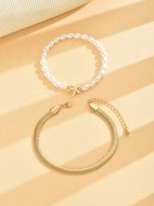 2pcs Set Snake Chain Starfish Decor Gold Anklet, Simple White Round Faux Pearl Adjustable Handcraft Multilayer Beach Anklet For Women, Daily & Holiday Wear