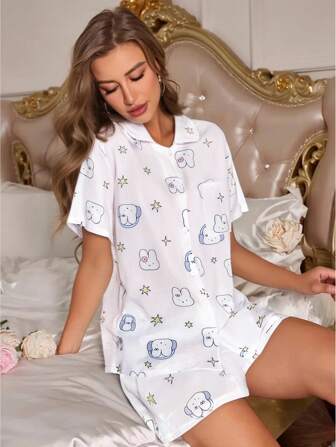 2 件女式短袖短裤开衫睡衣套装，宽松可爱兔子和星星印花上衣，卡通印花休闲短裤，舒适时尚，适合春夏家居服