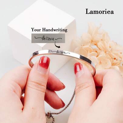 Handwritten Stainless Steel Cuff Bracelet, Personalized Engraved Bar Bracelet, Christmas Gifts