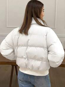 女士羽绒服，短款，漏斗领时尚外套，秋冬季，休闲拉链蓬松立领背心 - 长袖外套 - 秋冬季