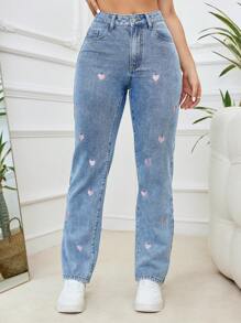 Women's Fashionable Casual Blue Elastic Snowflake Denim Pants With Pink Heart Embroidery Decoration, Soft And Comfortable For Spring, Summer, Autumn And Winter