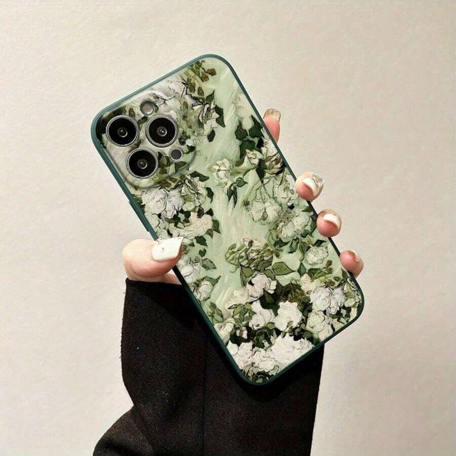 New Silicone Green Oil Painting Floral Design Case For Iphone 16 Deluxe, Compatible With Iphone 15, 14, 13, 12, 11 Plus, Pro Max, XS. A Protective Case That Makes A Great Gift For Family, Friends, And Loved Ones. - 墨綠色 - 查看 1