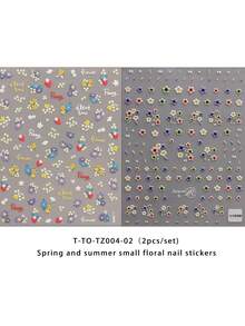 2片装春夏碎花美甲贴纸 - 多巴胺小花、雏菊、睡莲、五瓣花、草莓艺术设计，3D立体浮雕工艺，适合女性日常、婚礼、节日和度假，一次性自粘美甲贴纸，中国风，可爱，简约，清新主题，易于粘贴的美甲装饰贴纸