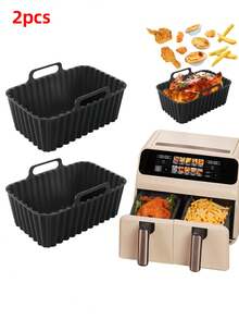 2pcs Air Fryer Silicone Liners, Rectangular Reusable Air Fryer Silicone Baking Mat/Tray, Non-Stick & Easy To Clean - Black - View 14