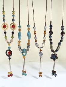 1pc New Exaggerated Bohemian Long Colorful Beaded Metal Asymmetrical Geometric Pendant Necklace Jewelry (The Product Material Is Ceramic, Which Will Be Heavier Than Regular Resin/Plastic)