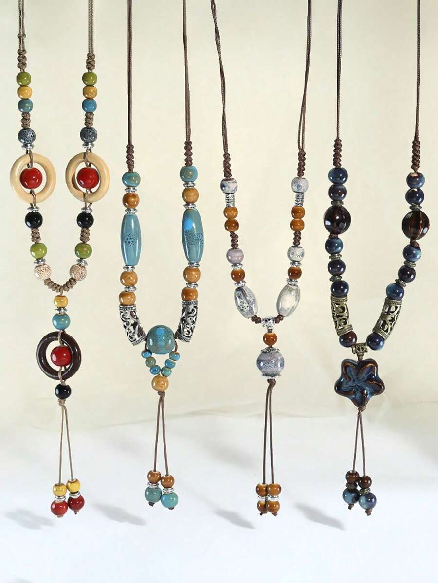 1pc New Exaggerated Bohemian Long Colorful Beaded Metal Asymmetrical Geometric Pendant Necklace Jewelry (The Product Material Is Ceramic, Which Will Be Heavier Than Regular Resin/Plastic)