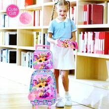 3pcs/Set Fox Pattern Rolling Backpack, Girls, Wheeled Children's School Bag, UV Printed Rolling Backpack Set, Includes Lunch Box