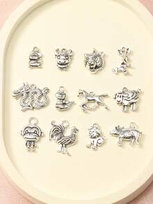 12 件十二生肖鼠牛虎蛇吊坠动物配饰 - 復古銀色 - 查看 5