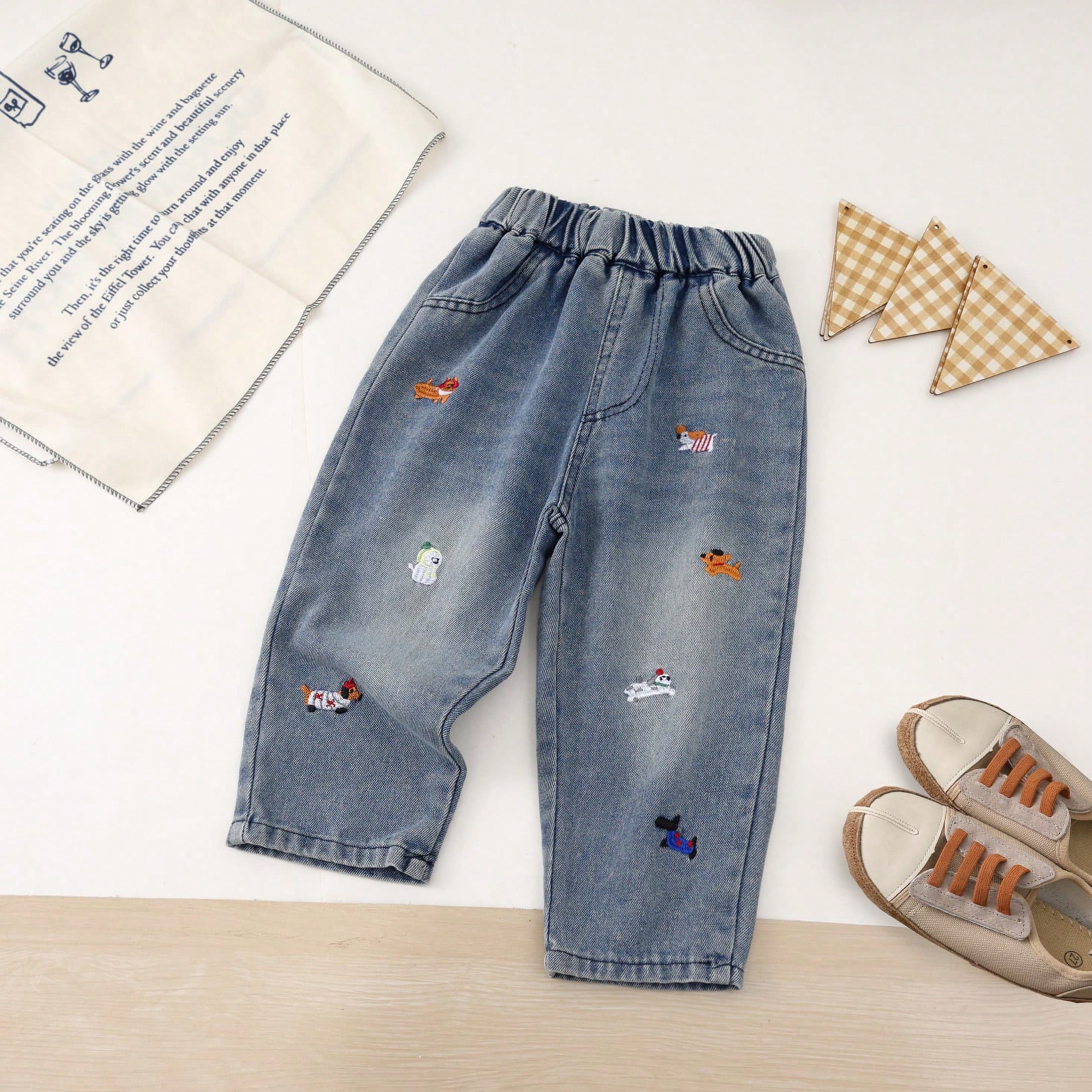 Pantalones vaqueros de mezclilla holgados y casuales con bordado de animales para niños, aptos para todas las estaciones