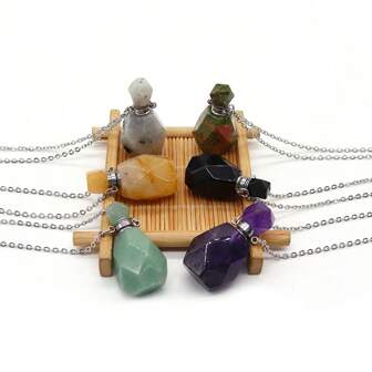 1pc Natural Stone Elegant Vintage Perfume Bottle Pendant Necklace, Bohemian Style Mini Perfume Refillable Bottle, Home Decor, Travel Accessory, Beach Trip, Camping Party Decoration Gift For Women, Couples, Friends