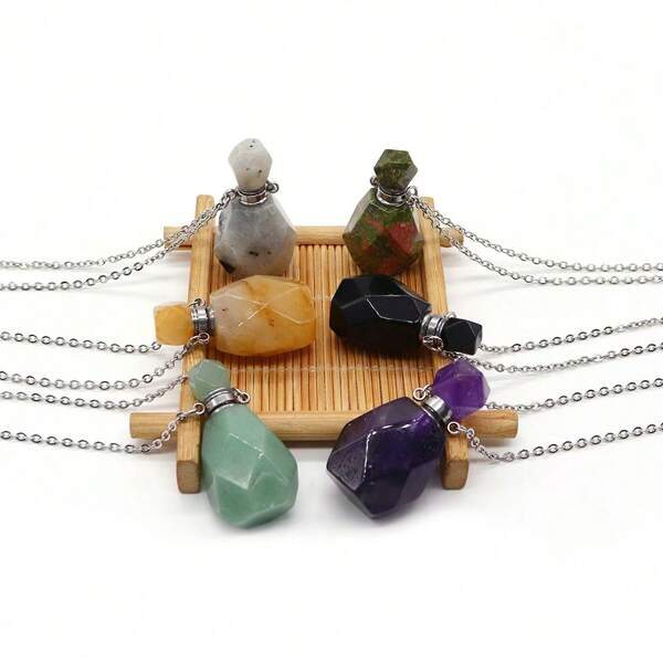 1pc Natural Stone Elegant Vintage Perfume Bottle Pendant Necklace, Bohemian Style Mini Perfume Refillable Bottle, Home Decor, Travel Accessory, Beach Trip, Camping Party Decoration Gift For Women, Couples, Friends
