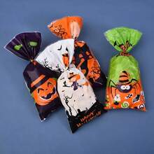 50pcs OPP Transparent Halloween Candy Bags Set, Pumpkin & Witch Halloween Elements Colorful Printed Gift Packaging Bags, Ribbons For Party Favors