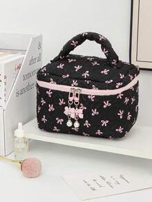 This Pleated Bow Makeup Bag Is Decorated With A Faux Pearl Butterfly Pendant, Has A Casual Large Capacity Design, And Contains A Flat Storage Bag And A Nail Polish Storage Bag, Suitable For Storing Sanitary Napkins, Liners, Wired Headphones, Headphones, Chargers, Lipsticks, Cosmetics And Home Decor Items. - Black - View 17