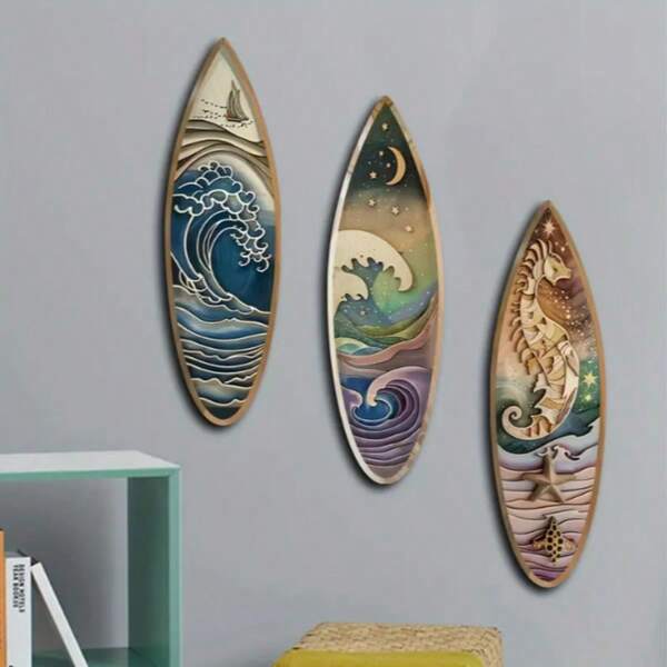 1 Set Of Bohemian Style Wooden Surfboard Wall Art, Self-Adhesive Decorations, Featuring Ocean Sailboats, Seahorses, And Nighttime Wave Patterns, Presenting Ocean And Beach Themed Decorative Pendants In An Artistic Style