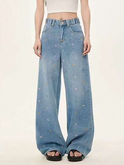 Y2K Teen Girls Distressed Floral Embroidery Loose Wide Leg Jeans, Retro Casual Snug Fit Straight Pants