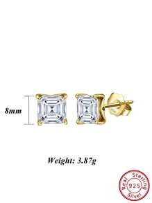 1pair Graceful 925 Sterling Silver Stud Earrings With Dazzling Square-Cut Zirconia, Accessory For Ear Elegant And Refined Jewelry For Every Fashion-Forward Woman, The Perfect Gift For Birthdays Or Anniversaries