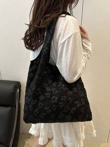 Floral Print Cute Tote Bag, Fashionable Solid Color Floral Design Canvas Tote Bag, Large Capacity Floral Pattern Shopping Bag, Suitable For Women, Young Professionals, Office Ladies, Teacher Gifts, Girls, Teenagers, Ladies, Women Large Capacity Business/Commute/Work/Office , Bow - Black - View 4
